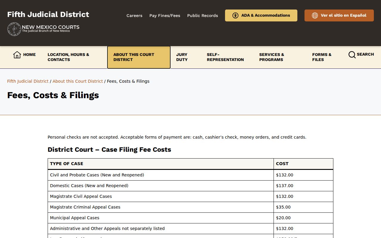 Lea County civil court dockets and Fifth District copy fee schedule