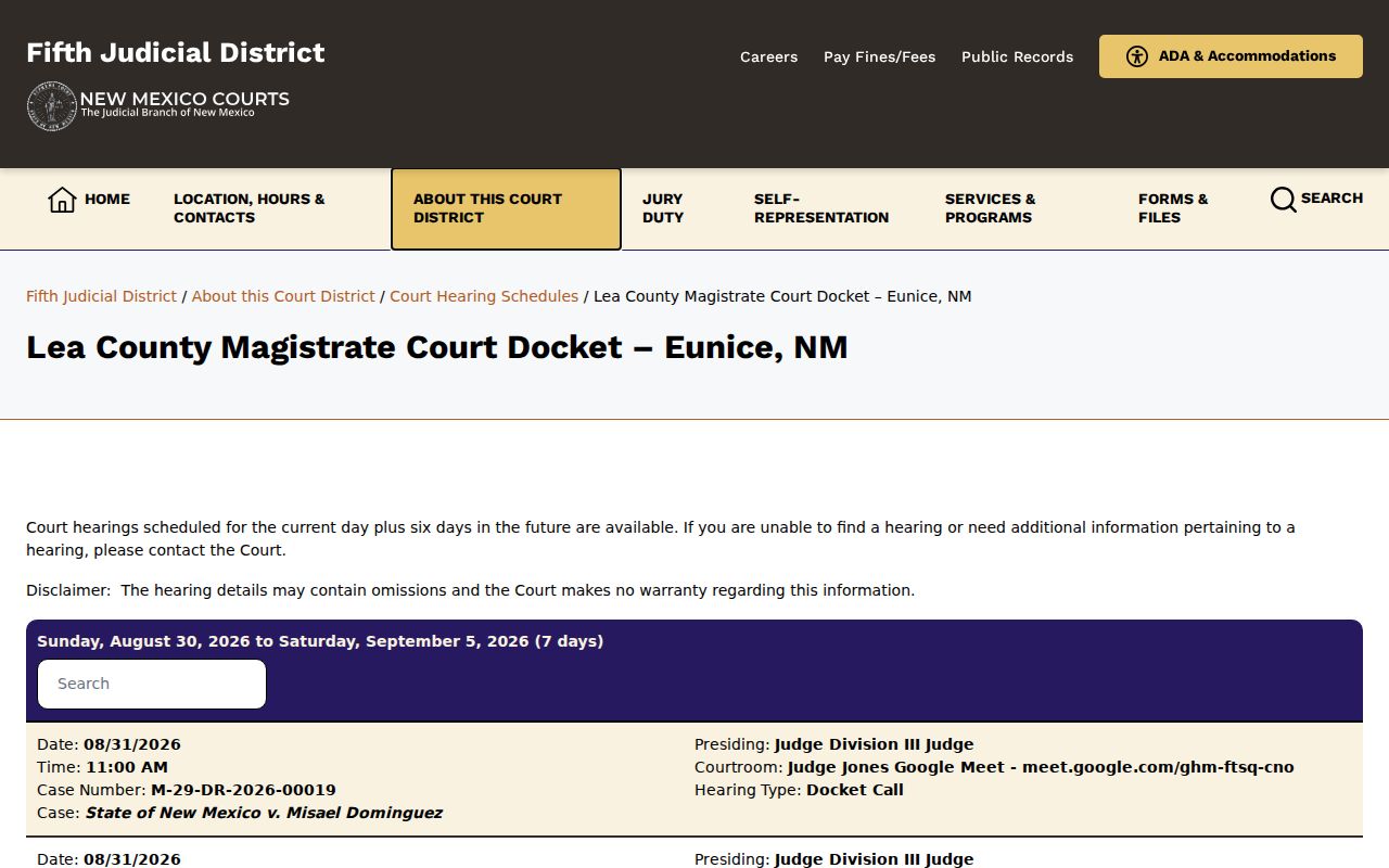 Lea County court calendar for Eunice Magistrate Court hearings
