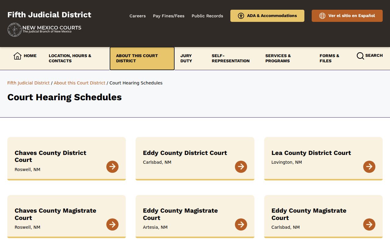 Lea County court calendar hearing schedule landing page