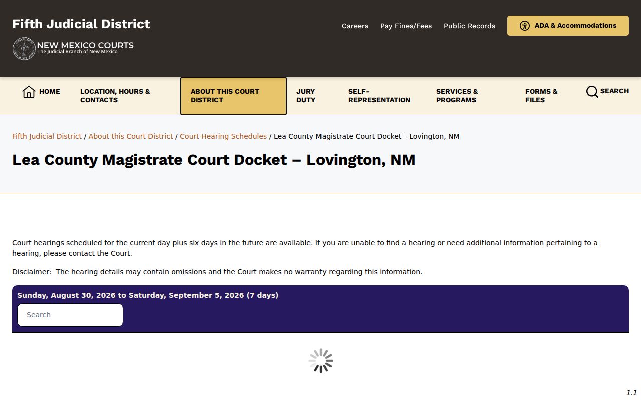 Lea County court calendar for Lovington Magistrate Court hearings