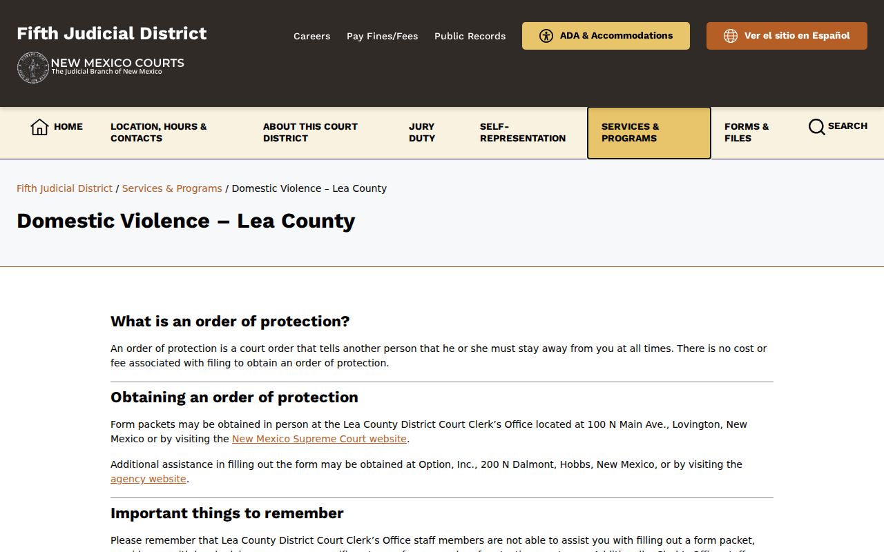 Lea County criminal court dockets and protection-order clerk resources